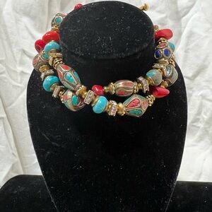 This Wrap Bracelet Has It All, Turquoise, Coral And Lapis Trimmed in Brass Gold